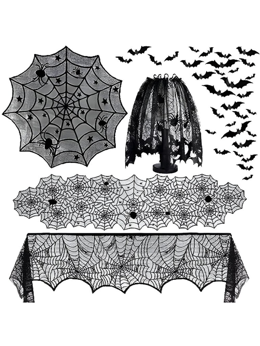 5Pack Halloween Spiderweb Tablecloth Runner Fireplace Scarf Lampshade Bats